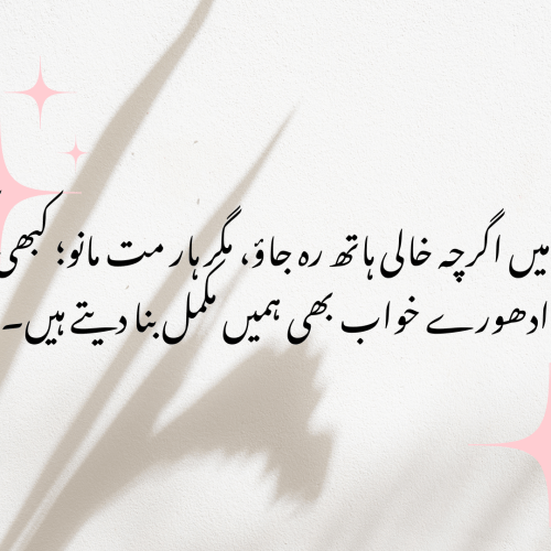 "زندگی میں اگرچہ خالی ہاتھ رہ جاؤ، مگر ہار مت مانو؛ کبھی کبھی ادھورے خواب بھی ہمیں مکمل بنا دیتے ہیں۔